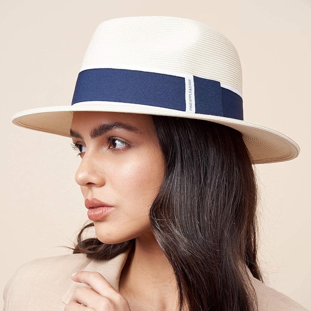 Fedora Hat with Grosgrain Ribbon, Ivory and Navy